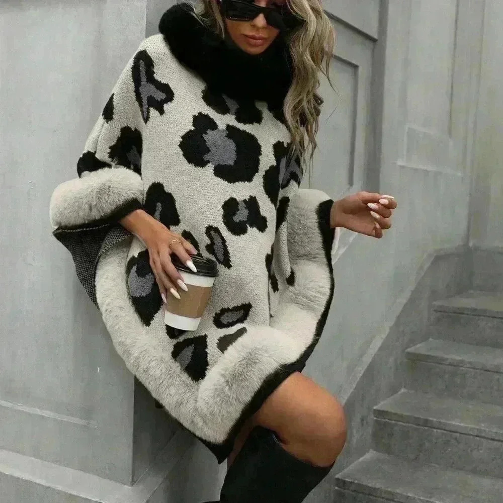 White Casual Women's Leopard Patchwork Fuzzy Edge Loose Poncho Knit Sweater